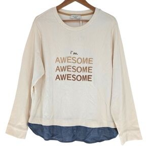 Cream and Blue Long Sleeve Tee with Graphic‎ Design